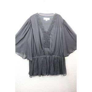 American Glamour by Badgley Mischka Black Sheer Chiffon Tunic-2X-Beaded-Lined